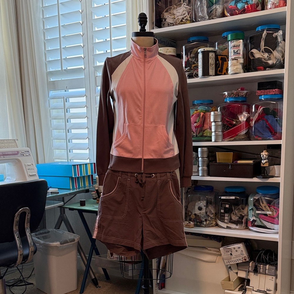 Women's Pink and Brown Track Jacket and Shorts Set